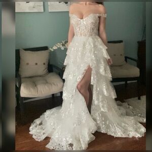 A-line tiered ruffle sparkly corset white prom dress or wedding gown